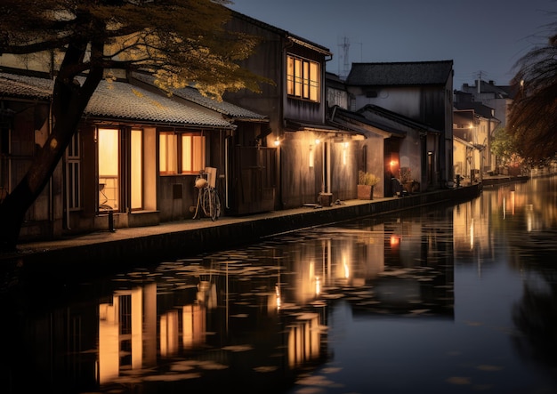 A quiet night along the canals of kurashiki with historic warehouses