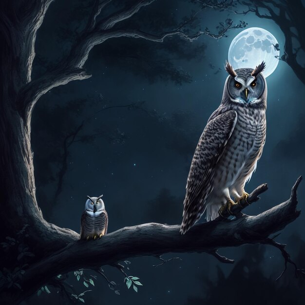 A quiet night a bright moon rising over the clouds illuminates the darkness and a Barred Owl sits motionless in the blue moonlight slight diffuse glow added to enhance scene All my own