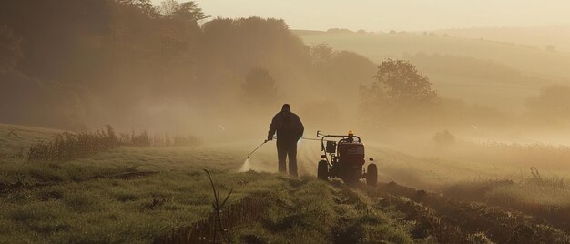 Photo the quiet protector a farmers misty morning with batterypowered sprayer