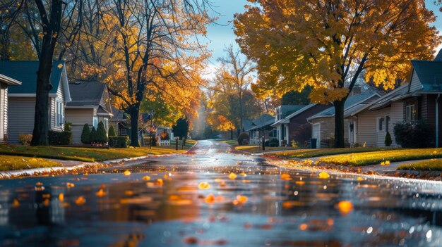 A quiet residential neighborhood with leafy trees and cozy houses peaceful in the midst of a gentle