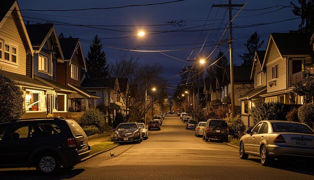 a quiet residential street with homes participating in Earth Hour