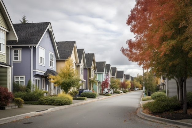 Quiet residential street with houses lined up in perfect symmetry created with generative ai