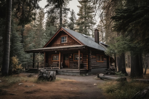 Photo a quiet and serene log cabin surrounded by tall trees