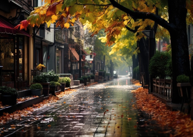 A quiet street with colorful autumn leaves wet from rain