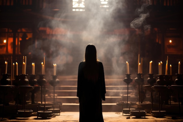 The quiet strength of a Chinese woman as she engages in prayer and meditation fostering a sense of inner calm and mental wellbeing within the temple39s embrace