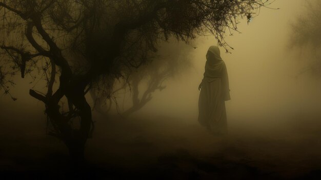 Quietly Morbid A Dark Figure Standing In Olive Fog