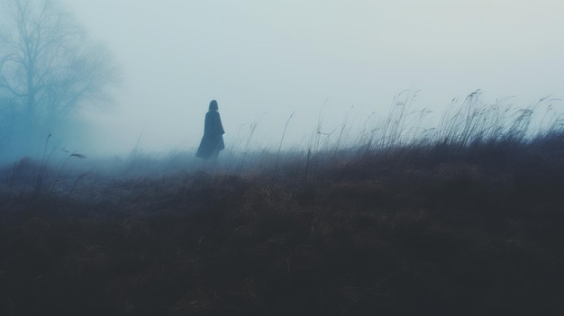 Тихо болезненное изображение человека, стоящего в тумане, вдохновленное тенебризмом
