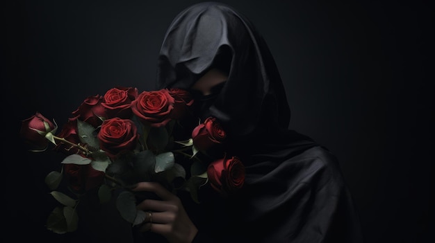 Quietly Morbid A Woman Holding A Bouquet Of Roses In A Black Hooded Robe