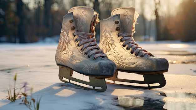 Photo quietly perched on the frozen pond a pair of ice skates awaits a gliding enthusiast serene ice skating scene winter sport gear tranquil frozen pond generated by ai