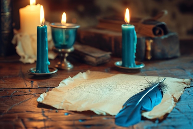 Quill en vintage schrijftafel met kaarsen Werelddag van de Poëzie