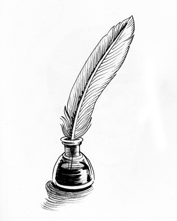 Photo quill pen and bottle of ink. ink black and white drawing