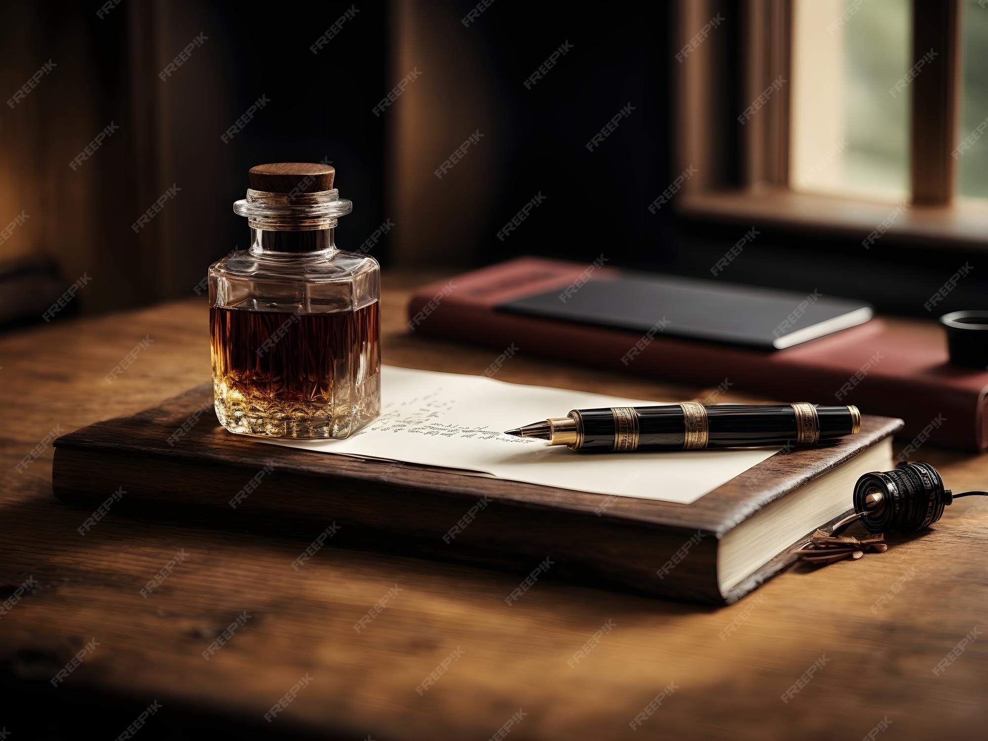 Premium AI Image | Quill Pen and Inkwell on Wooden Desk