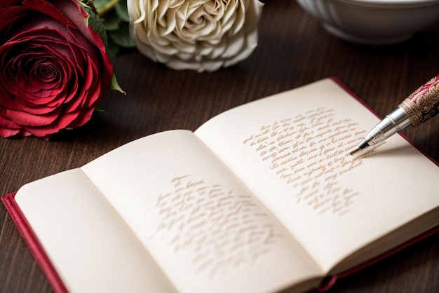 A quill pen writing a love letter the words transforming into roses