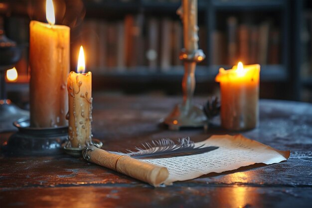 Quill and vintage writing table with candles World Poetry Day