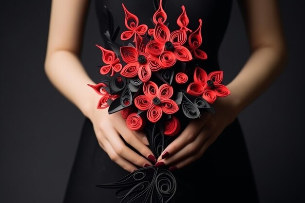 Quilling chinese style chic red bouquet in the hands of a bride in a black dress luxury wedding