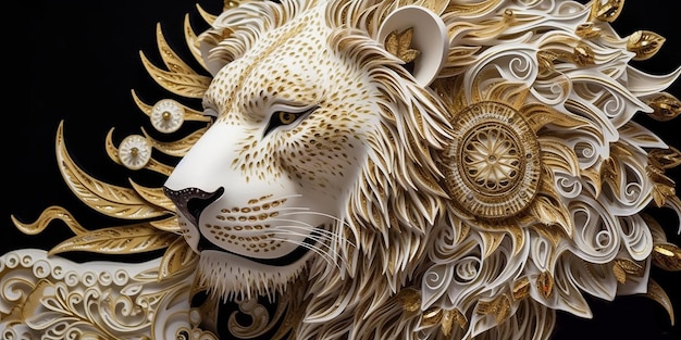 Foto quilling mistico leone francese con flusso bianco e oro isolato su sfondo nero sfondo premio premio