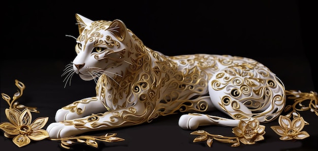 Photo quilling mystical french panther with white and gold flow isolated on a black background premium award background