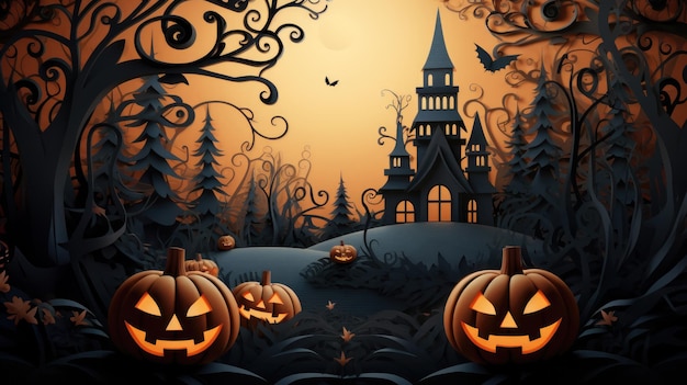 Quilling style halloween background pumpkins haunted mansion portraying spooky yet creative scene