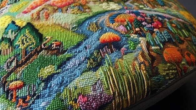 Photo a quilt with a river and a landscape scene.