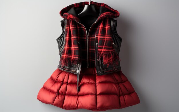 Foto quilted down puffer vest met gekleurde mini rok op witte achtergrond