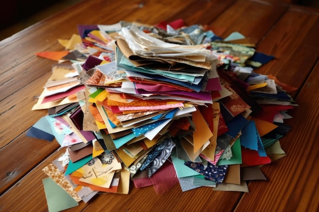 Quilting fabric scraps scattered on a wooden table