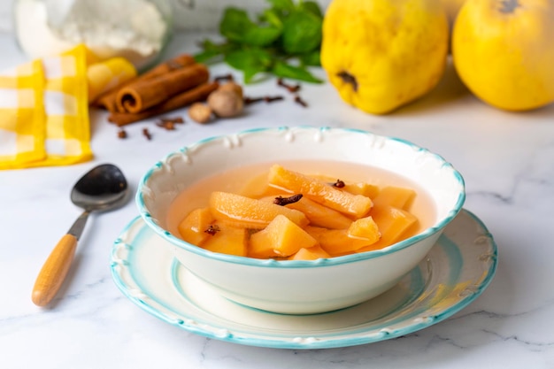 Quince compote. Compote or compote is a type of dessert prepared by boiling fruits with sugar water. Turkish name; ayva kompostosu