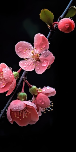 Quince flowers on a dark background with dew drops High quality photo Generative AI