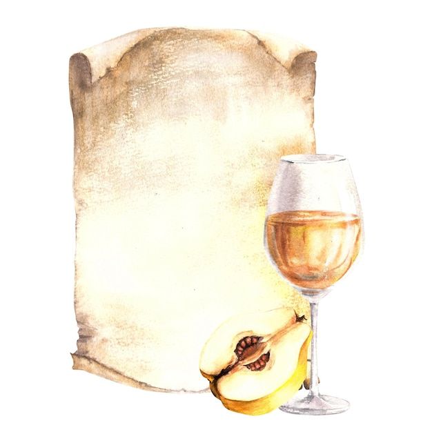 Quince fruit met een glas wijn of sap drankje op vintage papier achtergrond Aquarel illustratie