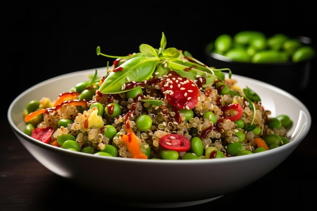 A quinoa and edamame salad with a sesame ginger dressing