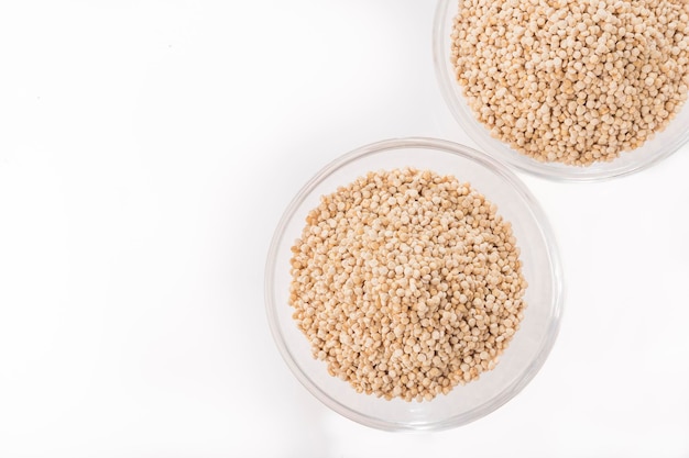 Quinoa grains in bowl isolated on white background Chenopodium quinoa