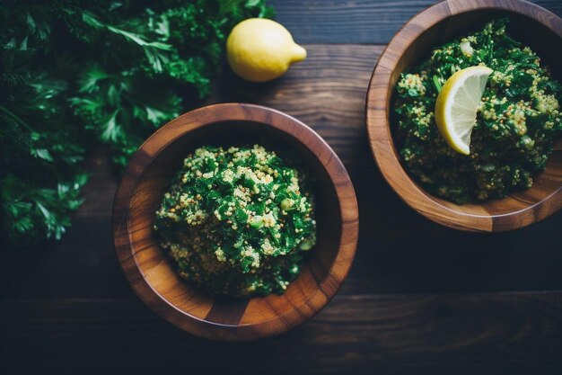 Foto insalata di quinoa e cavolo con condimento di tahini al limone