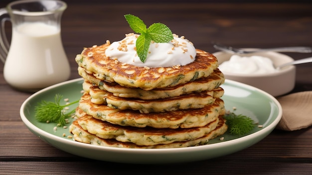 Quinoa Pancakes with Sour Cream on a Plate