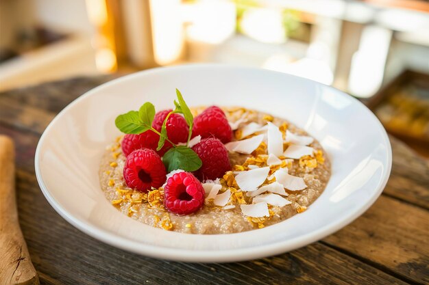 Quinoa porridge met framboos en kokosnotenvlokken voor het ontbijt