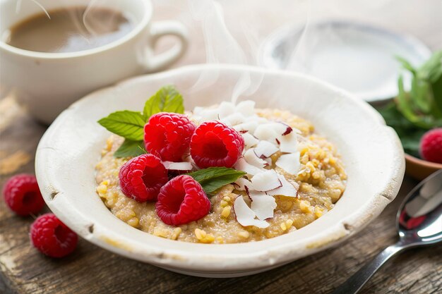 Photo quinoa porridge with raspberry and coconut flakes for breakfast