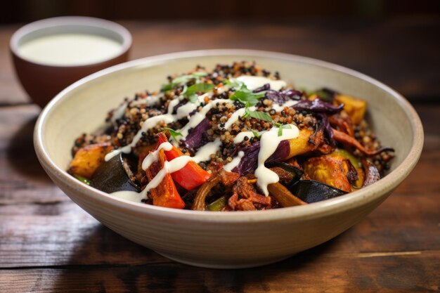 Quinoa and roasted vegetable bowl with sauce