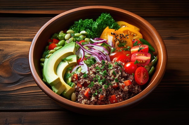 Foto ciotola di insalata di quinoa contro un tavolo di legno