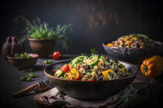 quinoa salad vegetarian food photos. Vibrant colors, textures of this healthy superfood, fresh green