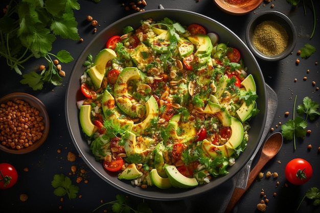 Quinoa Salad with Chickpeas and Avocado photo realistic top view AI generated