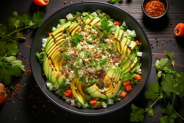 Quinoa Salad with Chickpeas and Avocado photo realistic top view AI generated