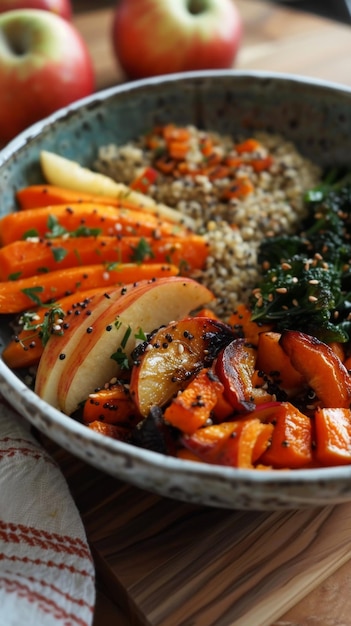 Quinoa schaal met geroosterde groenten en verse appels