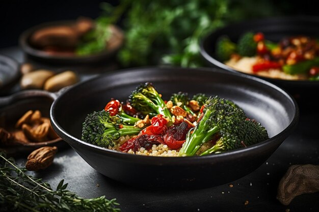 Foto quinoa schotel met geroosterde bloemkool tahini dressing en een vleugje sumac