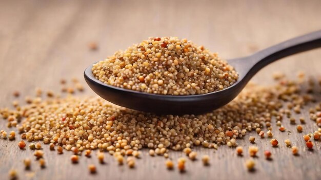Quinoa seeds in spoon on colored background healthy kinwa in small spoon healthy superfood