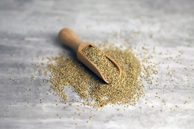 Quinoa seeds in a wooden spatula.