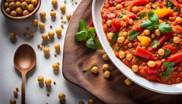 Foto stufato di quinoa con paprika affumicata spagnola, pomodoro, peperoncino e ceci in piatto bianco