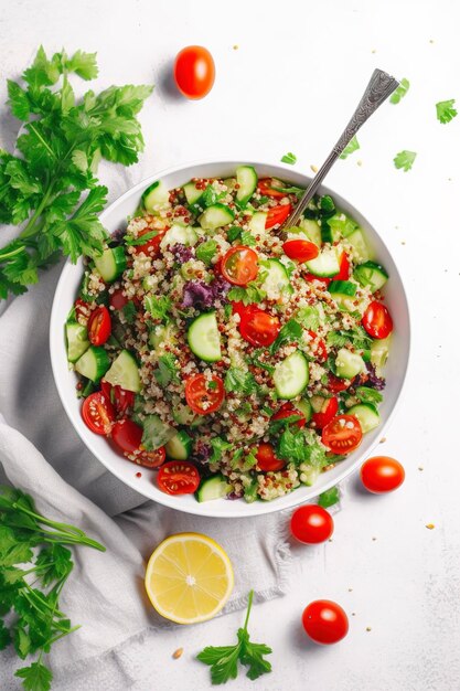 Quinoa tabbouleh salad with red cherry tomatoes orange paprika avocado cucumbers and parsley Traditional Middle Eastern and Arabic dish White table background top view generate ai