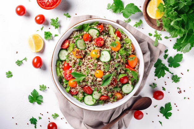 Quinoa tabbouleh salad with red cherry tomatoes orange paprika avocado cucumbers and parsley Traditional Middle Eastern and Arabic dish White table background top view generate ai