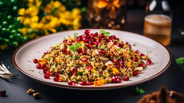 Photo quinoa with feta and pomegranate on a plate