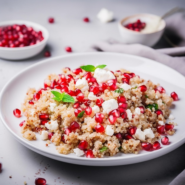 Quinoa with feta and pomegranate on a plate