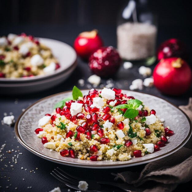 Quinoa with Feta and Pomegranate on a Plate