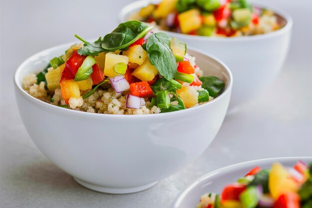 Foto quinoa con salsa di ananas, verdure e spinaci